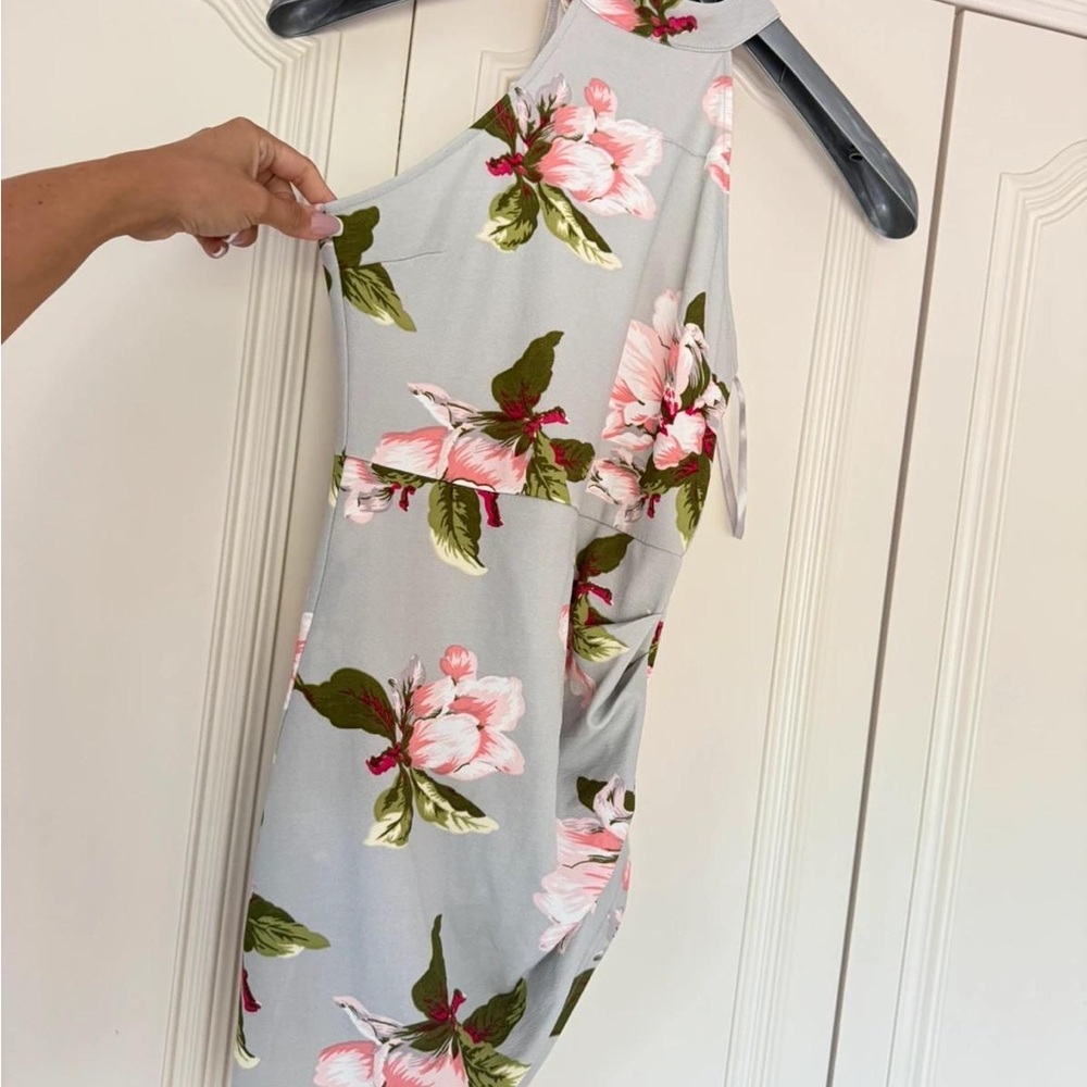 Floral Halter Neck Dress - Gray with Pink and Green Accents